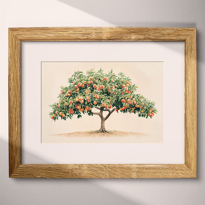 Matted frame view of A botanical colored pencil illustration, a peach tree