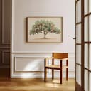 Room view with a full frame of A botanical colored pencil illustration, a peach tree