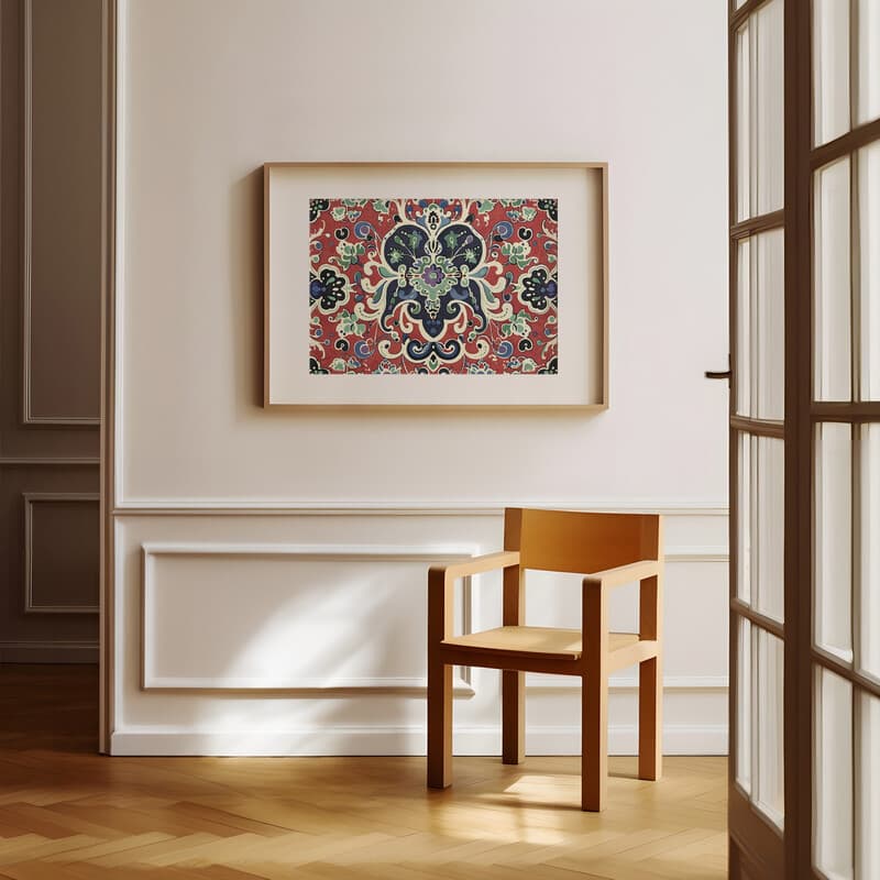 Room view with a matted frame of A vintage textile print, intricate pattern