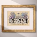 Matted frame view of A vintage pastel pencil illustration, the word "REFRESH" with a fountain