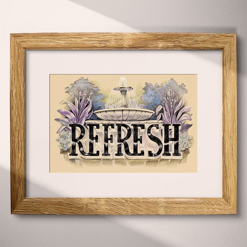 Matted frame view of A vintage pastel pencil illustration, the word "REFRESH" with a fountain