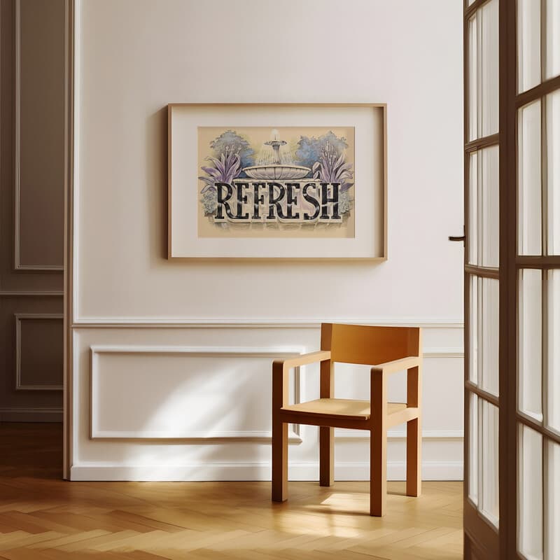 Room view with a matted frame of A vintage pastel pencil illustration, the word "REFRESH" with a fountain