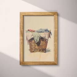 Laundry Basket Digital Download | Still Life Wall Decor | Portrait Decor | Beige, Black, Gray and Brown Print | Vintage Wall Art | Laundry Art | Housewarming Digital Download | Pastel Pencil Illustration