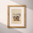 Matted frame view of A vintage pastel pencil illustration, a basket of laundry