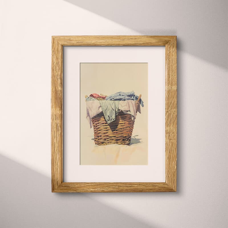 Matted frame view of A vintage pastel pencil illustration, a basket of laundry