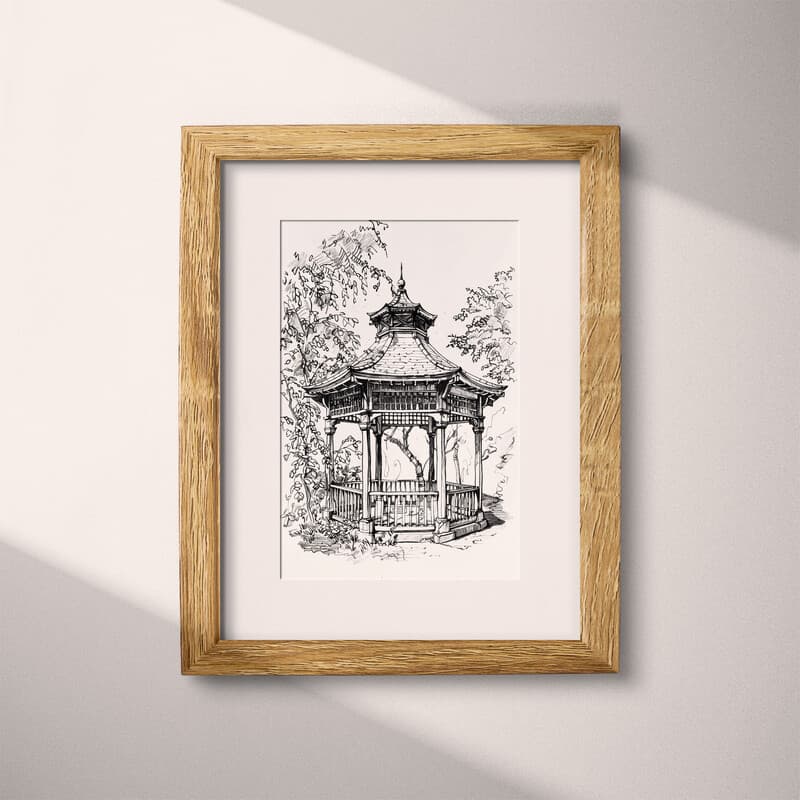 Matted frame view of A vintage charcoal sketch, a gazebo