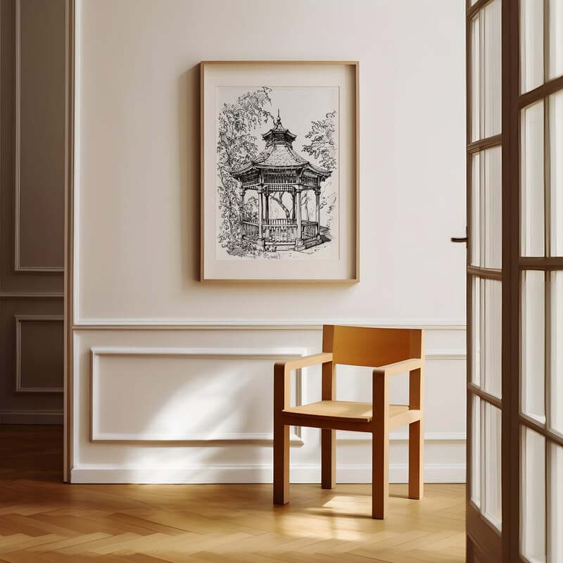 Room view with a matted frame of A vintage charcoal sketch, a gazebo