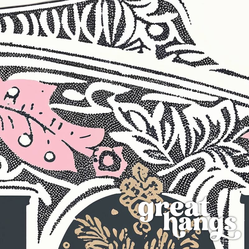 Closeup view of A vintage linocut print, the word "FASHION" with embellishments