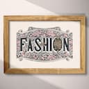 Full frame view of A vintage linocut print, the word "FASHION" with embellishments