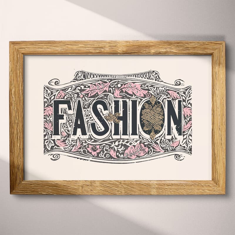 Full frame view of A vintage linocut print, the word "FASHION" with embellishments