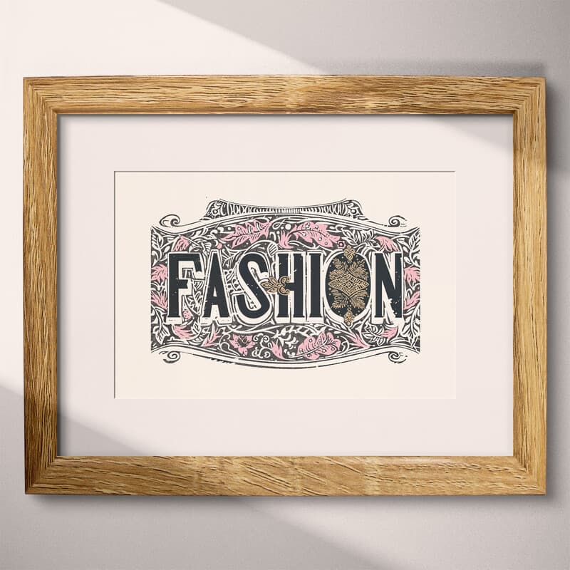 Matted frame view of A vintage linocut print, the word "FASHION" with embellishments