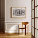 Room view with a full frame of A vintage linocut print, the word "FASHION" with embellishments