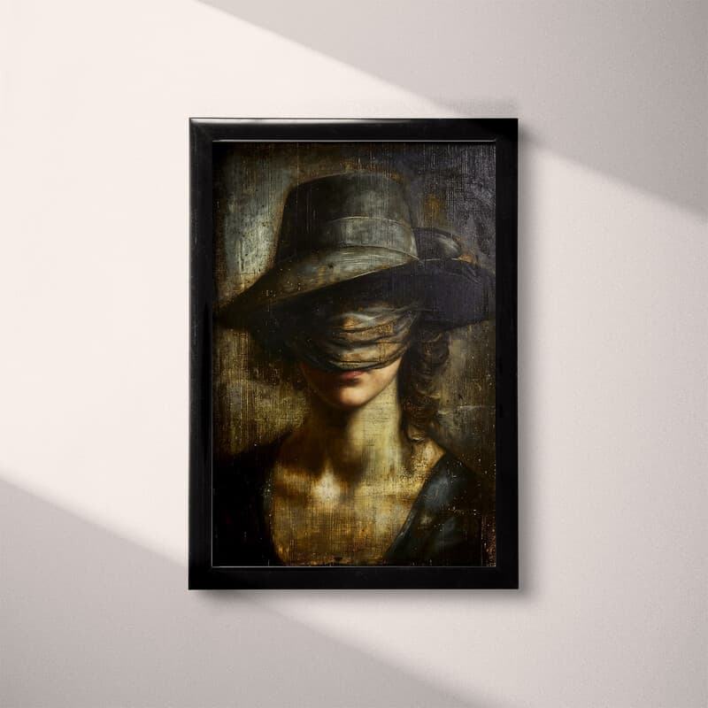 Full frame view of A vintage oil painting, a woman with a hat covering her face