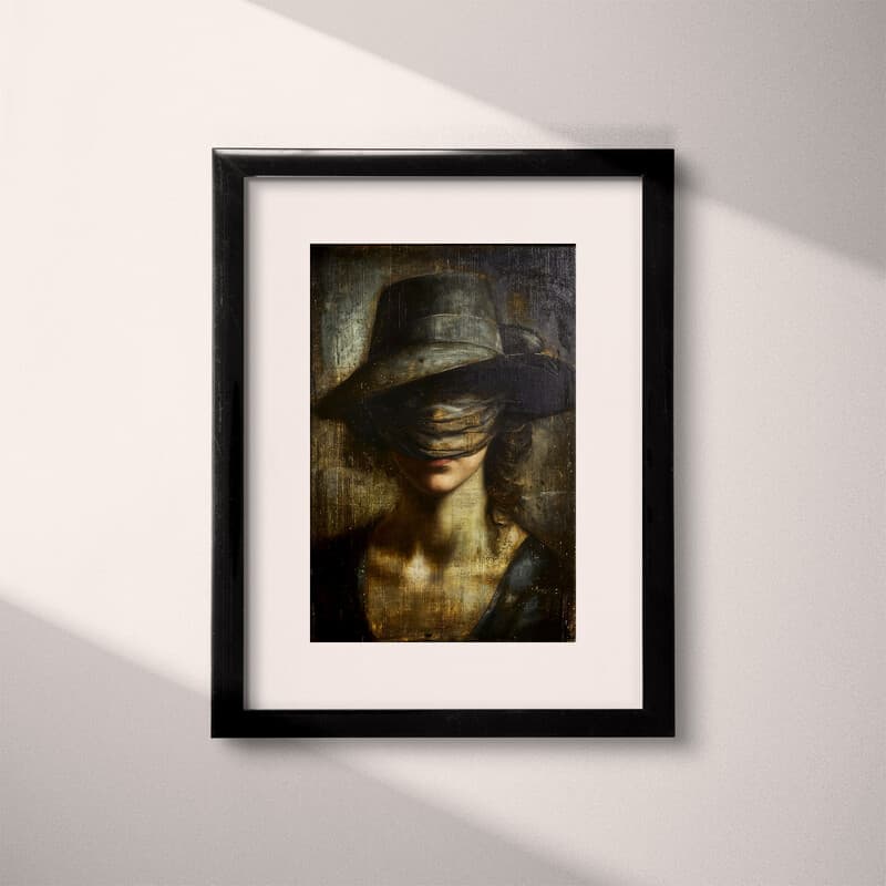 Matted frame view of A vintage oil painting, a woman with a hat covering her face