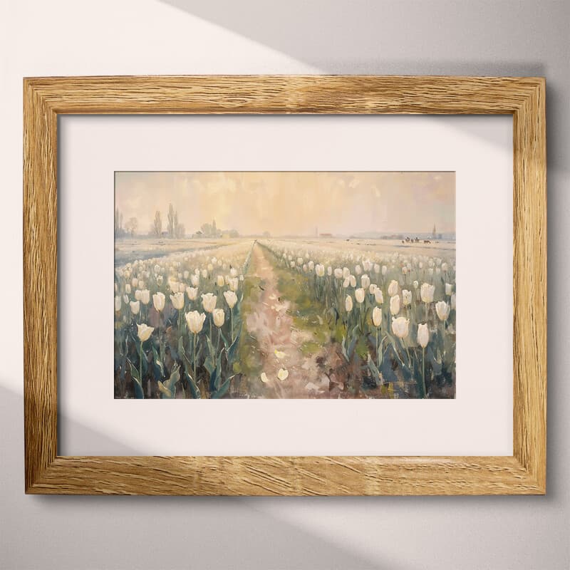 Matted frame view of An impressionist oil painting, a tulip farm