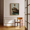 Room view with a full frame of A vintage oil painting, a woman on a small boat, side view