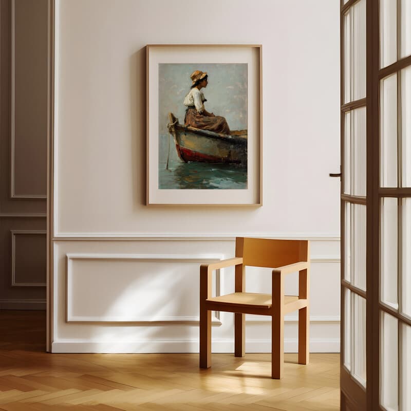 Room view with a matted frame of A vintage oil painting, a woman on a small boat, side view