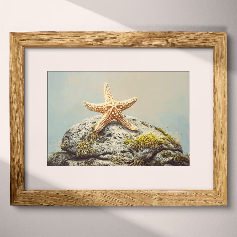 Matted frame view of A vintage pastel pencil illustration, a starfish on a mossy rock