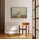 Room view with a full frame of A vintage pastel pencil illustration, a starfish on a mossy rock