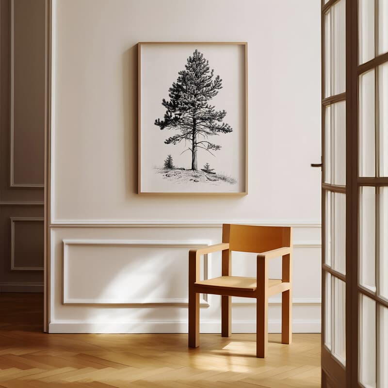 Room view with a full frame of A vintage pencil sketch, a pine tree