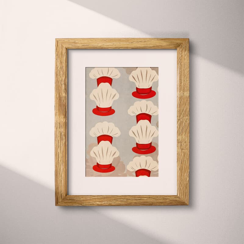 Matted frame view of A contemporary textile print, symmetric pattern of chef hats