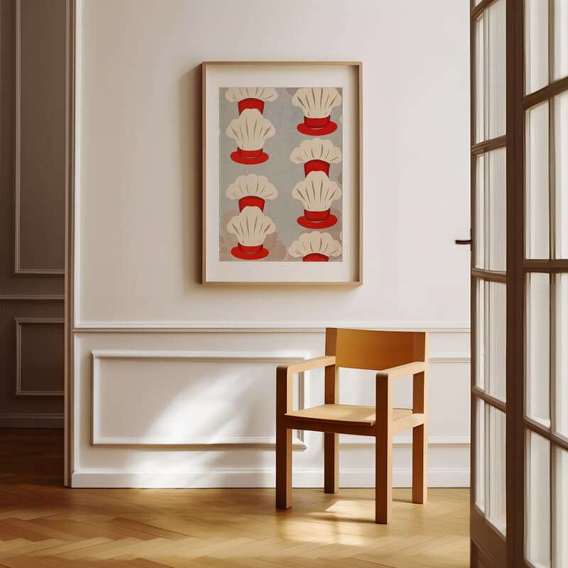 Room view with a matted frame of A contemporary textile print, symmetric pattern of chef hats