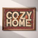 Full frame view of A vintage linocut print, the words "COZY HOME" with a fireplace