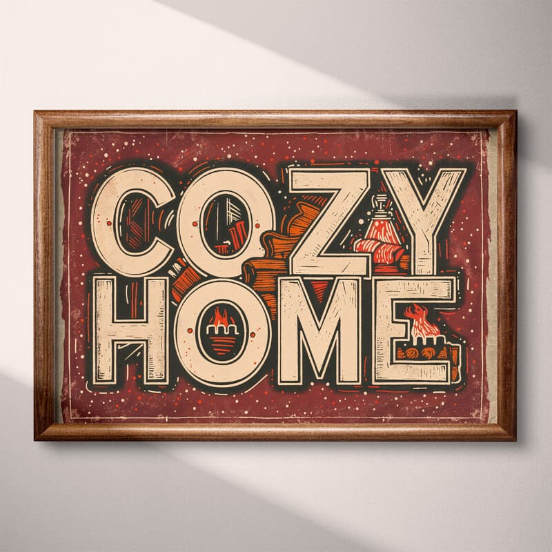 Full frame view of A vintage linocut print, the words "COZY HOME" with a fireplace