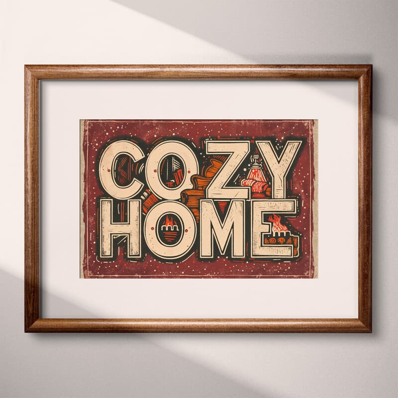 Matted frame view of A vintage linocut print, the words "COZY HOME" with a fireplace