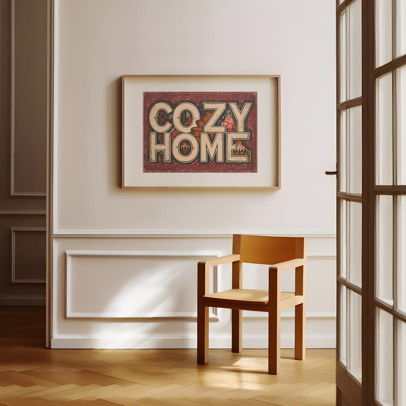 Room view with a matted frame of A vintage linocut print, the words "COZY HOME" with a fireplace