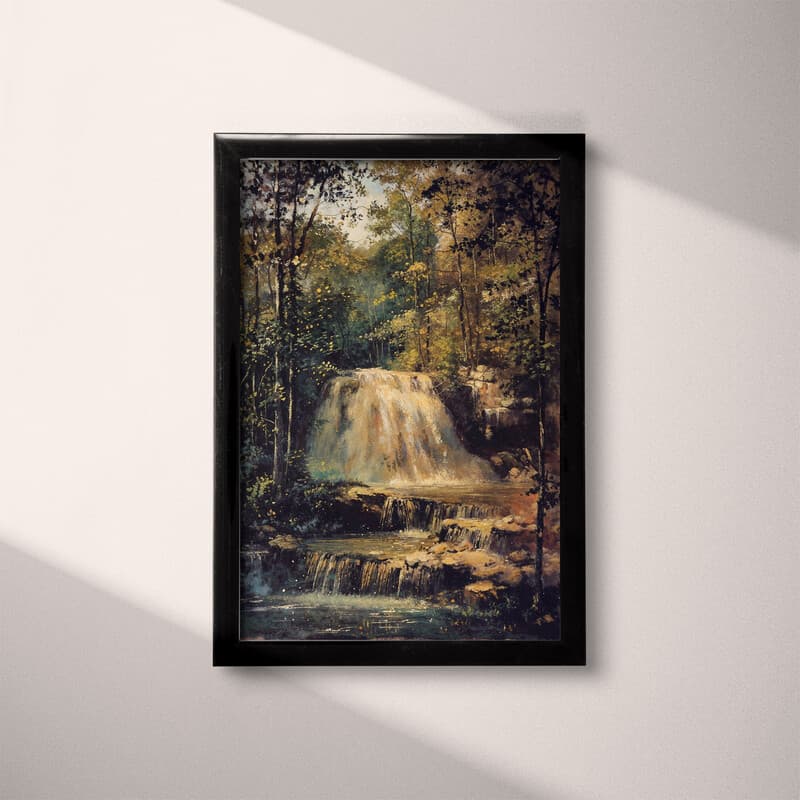 Full frame view of An impressionist oil painting, forest waterfall