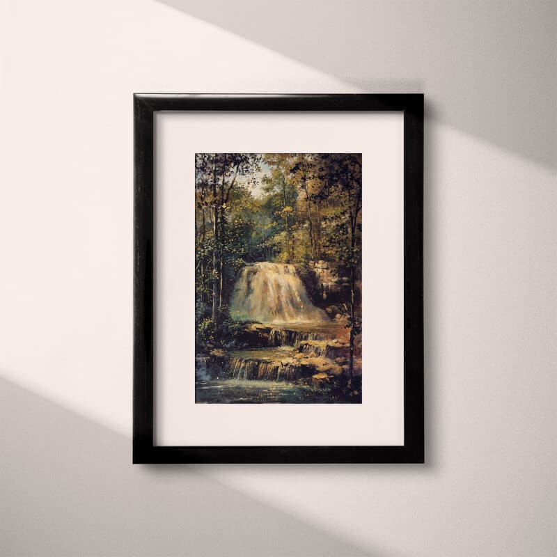 Matted frame view of An impressionist oil painting, forest waterfall