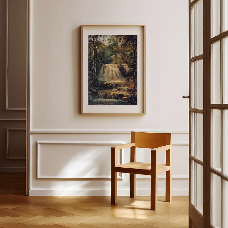 Room view with a matted frame of An impressionist oil painting, forest waterfall