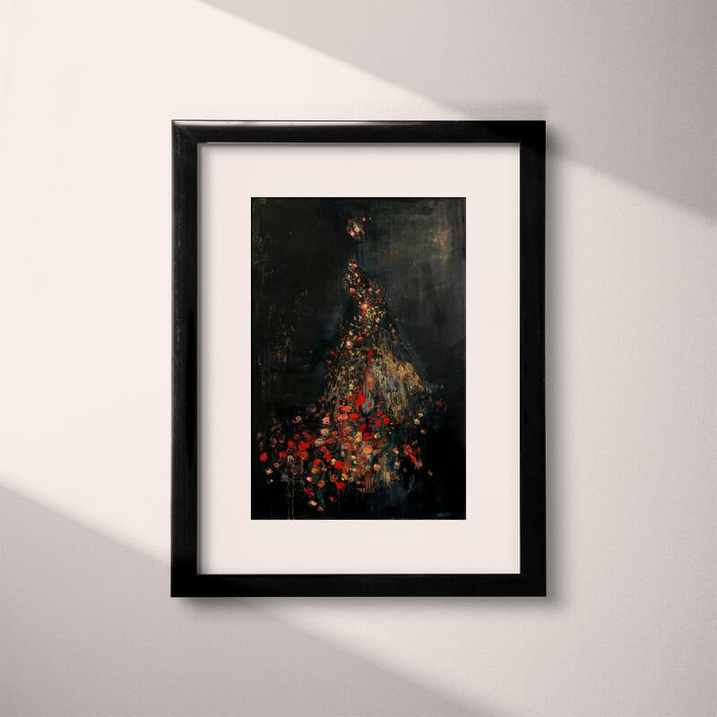 Matted frame view of An abstract vintage oil painting, a woman with a dress made of flowers