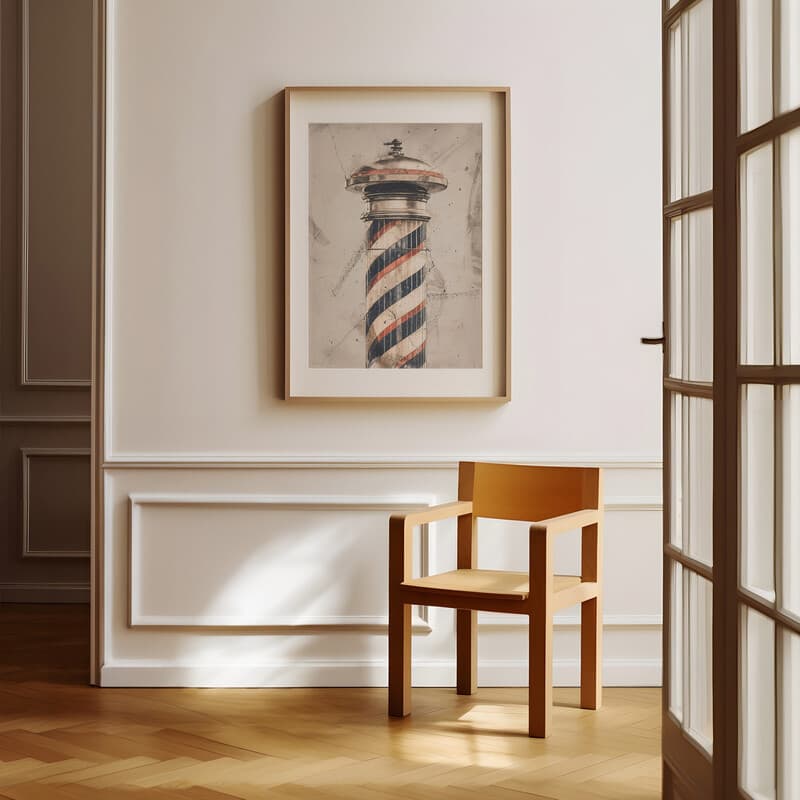 Room view with a matted frame of A vintage pastel pencil illustration, a barber shop pole