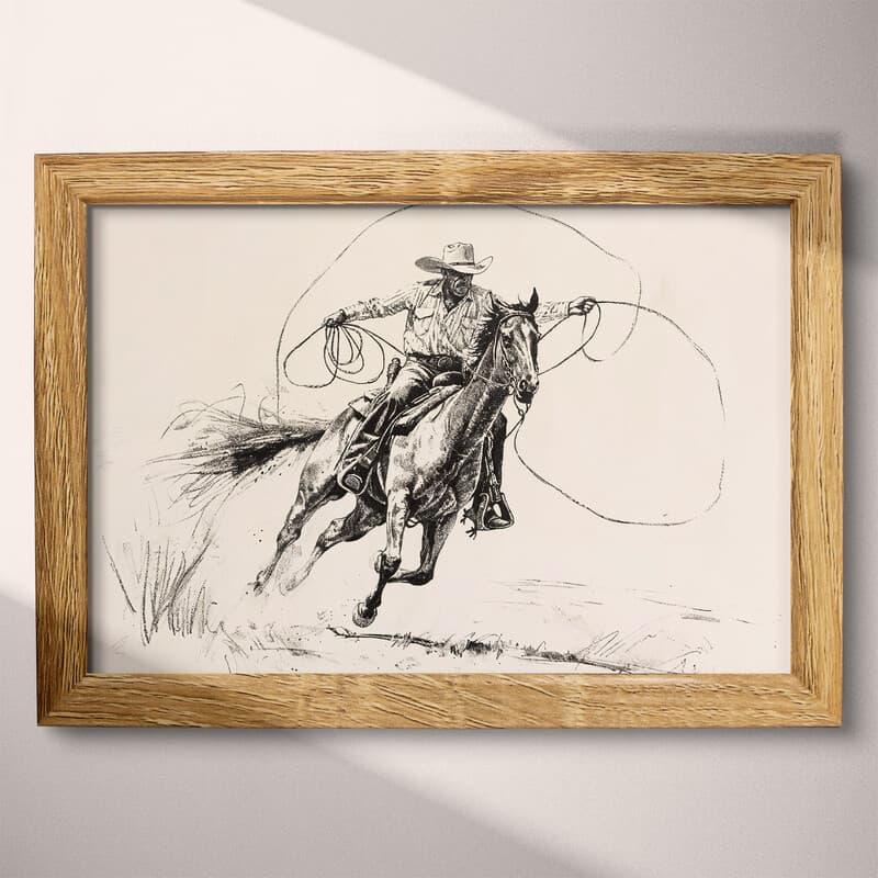 Full frame view of A southwestern graphite sketch, a cowboy on a horse with a lasso