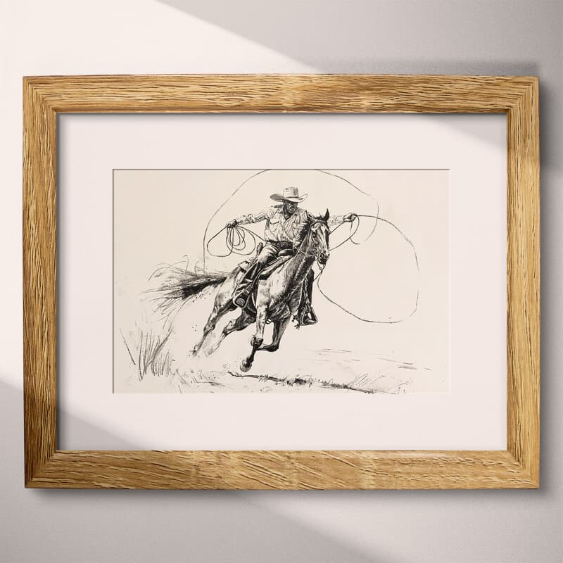 Matted frame view of A southwestern graphite sketch, a cowboy on a horse with a lasso