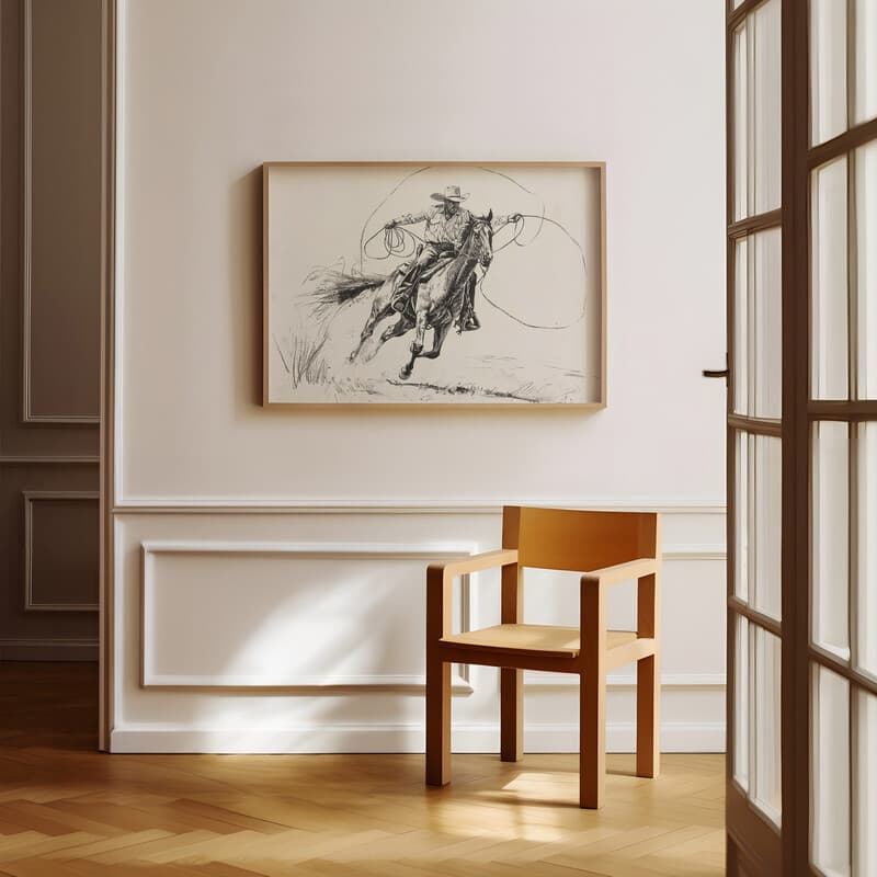 Room view with a full frame of A southwestern graphite sketch, a cowboy on a horse with a lasso