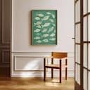 Room view with a full frame of A cute simple illustration with simple shapes, a school of fish