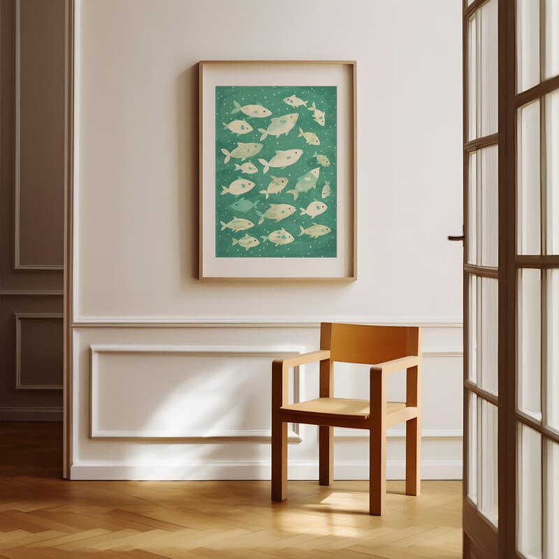 Room view with a matted frame of A cute simple illustration with simple shapes, a school of fish