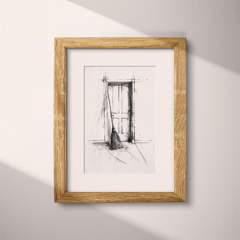 Matted frame view of A vintage graphite sketch, a broom against a door