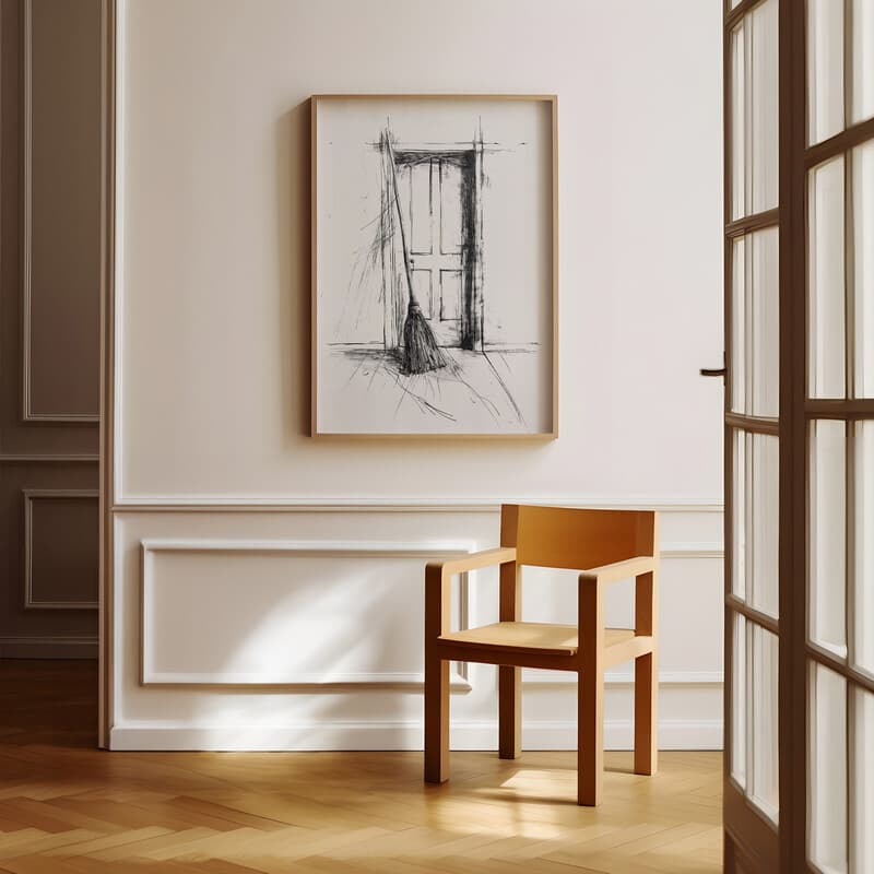 Room view with a full frame of A vintage graphite sketch, a broom against a door