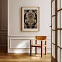 Room view with a matted frame of A maximalist textile print, intricate pattern