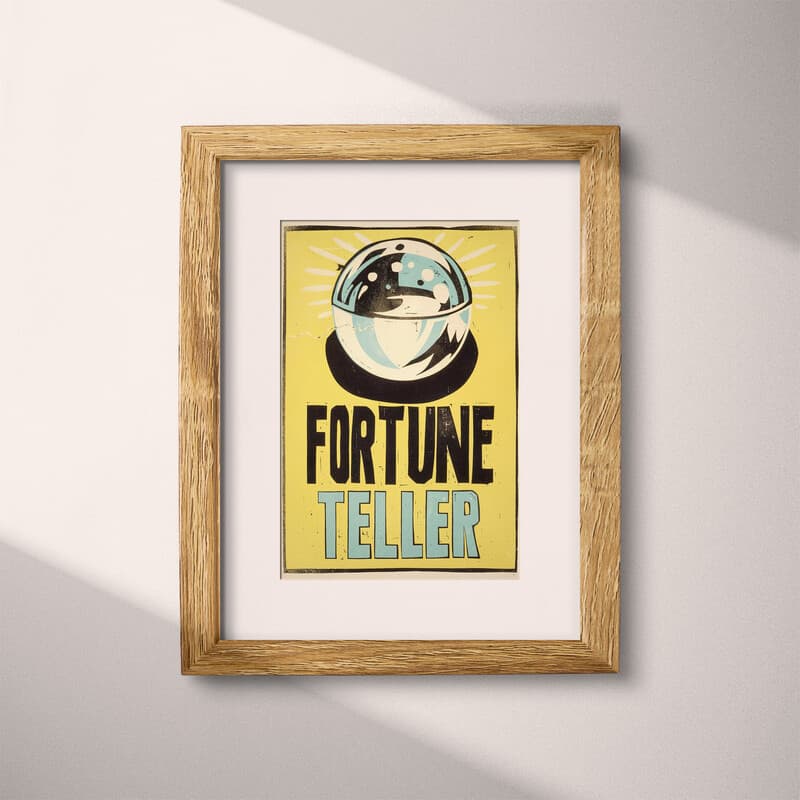 Matted frame view of A vintage linocut print, the words "FORTUNE TELLER" with a crystal ball