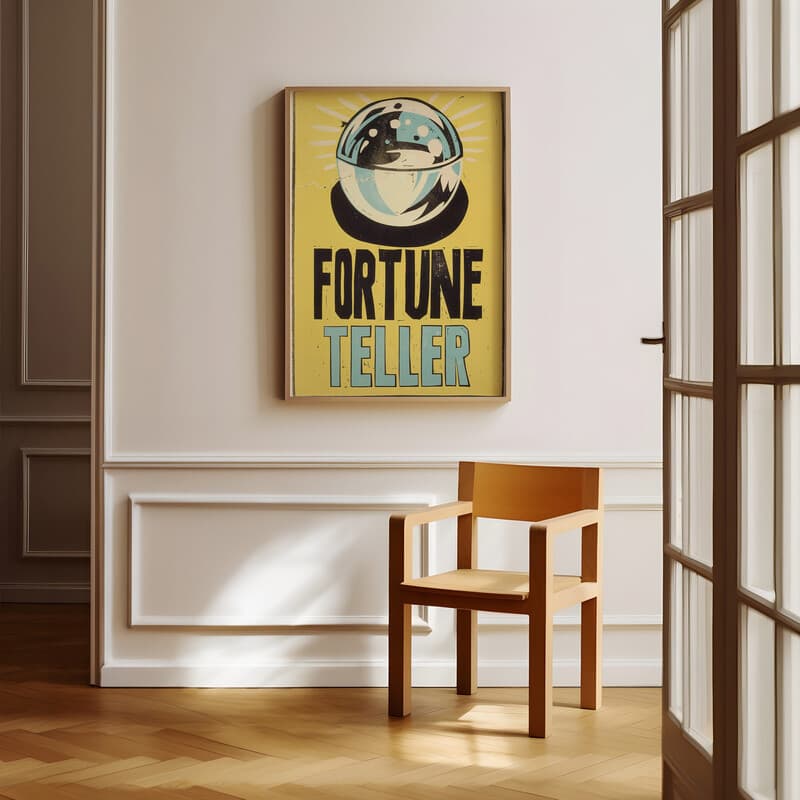 Room view with a full frame of A vintage linocut print, the words "FORTUNE TELLER" with a crystal ball