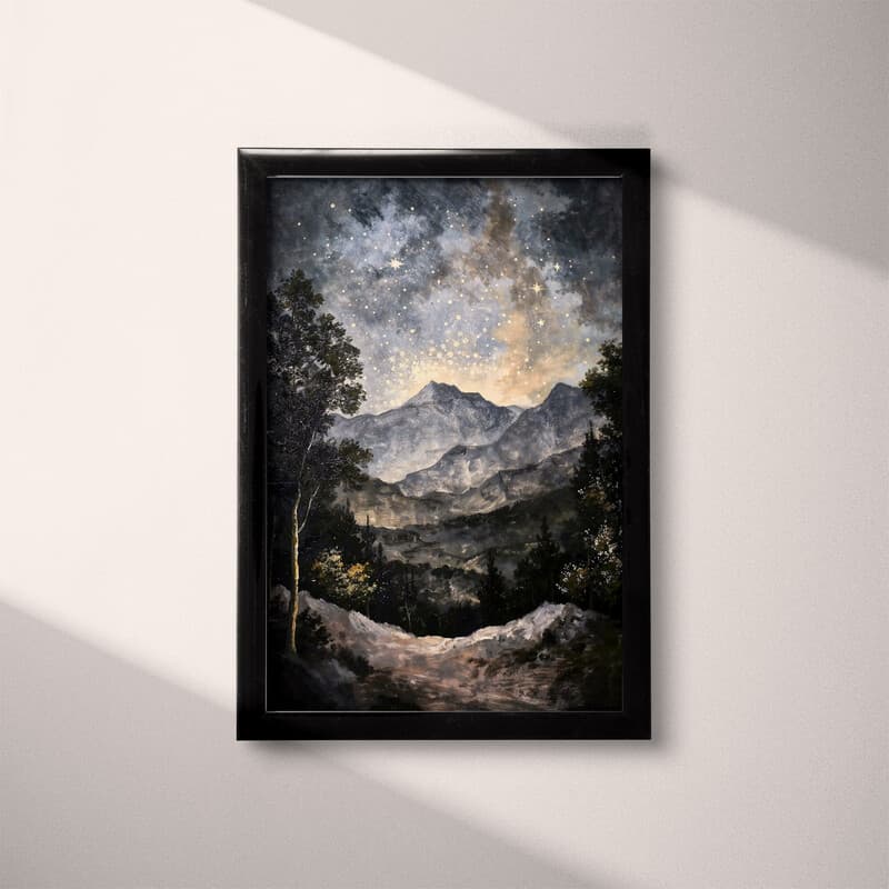 Full frame view of An impressionist oil painting, stars in the sky, mountain landscape