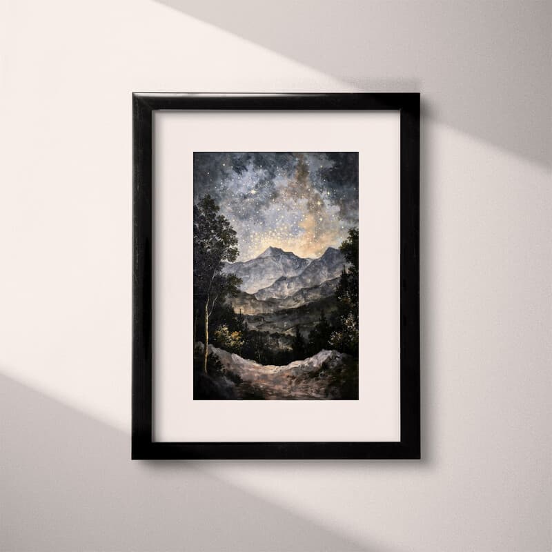 Matted frame view of An impressionist oil painting, stars in the sky, mountain landscape