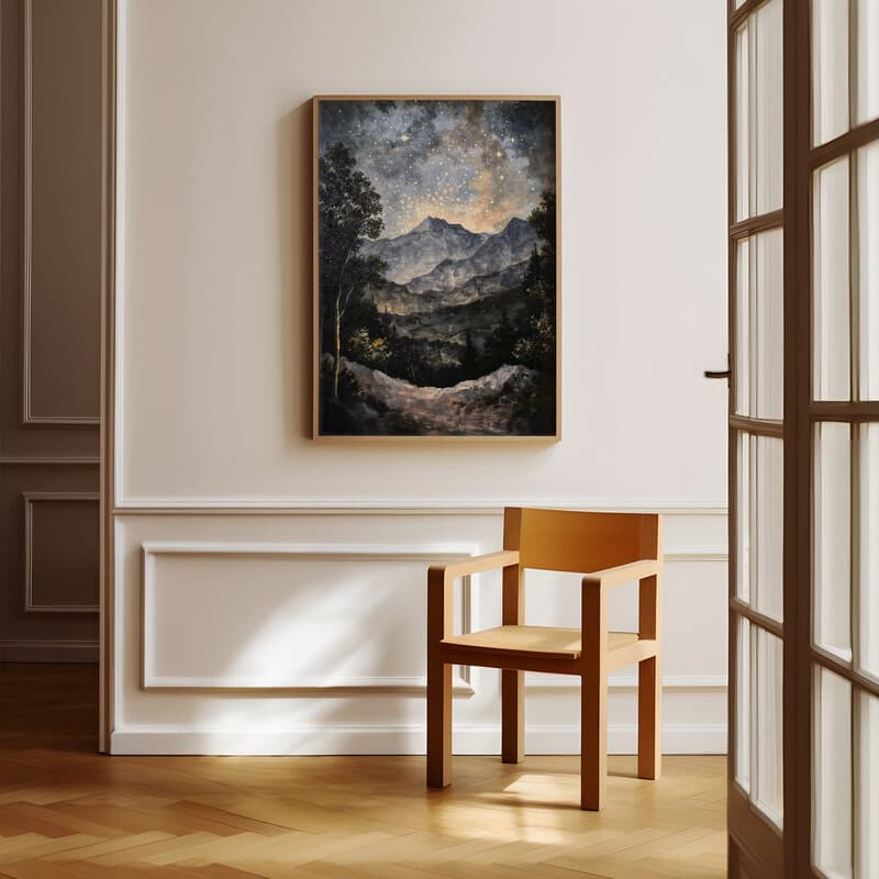 Room view with a full frame of An impressionist oil painting, stars in the sky, mountain landscape