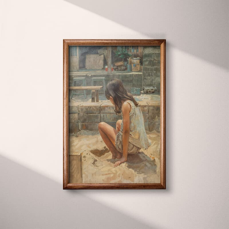 Full frame view of A vintage oil painting, a girl playing in a sandbox, back view