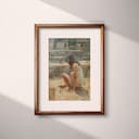 Matted frame view of A vintage oil painting, a girl playing in a sandbox, back view